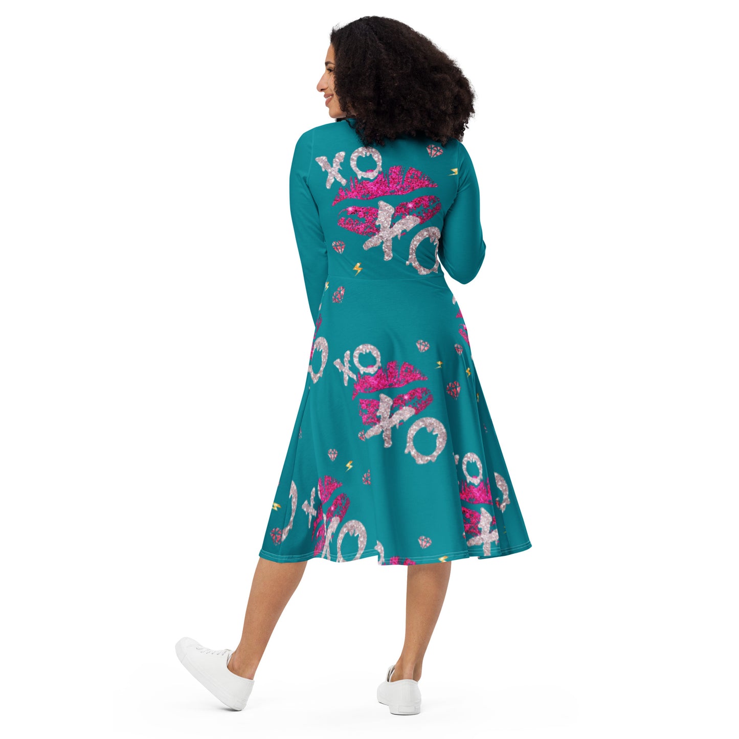 Royal print long sleeve midi dress 2