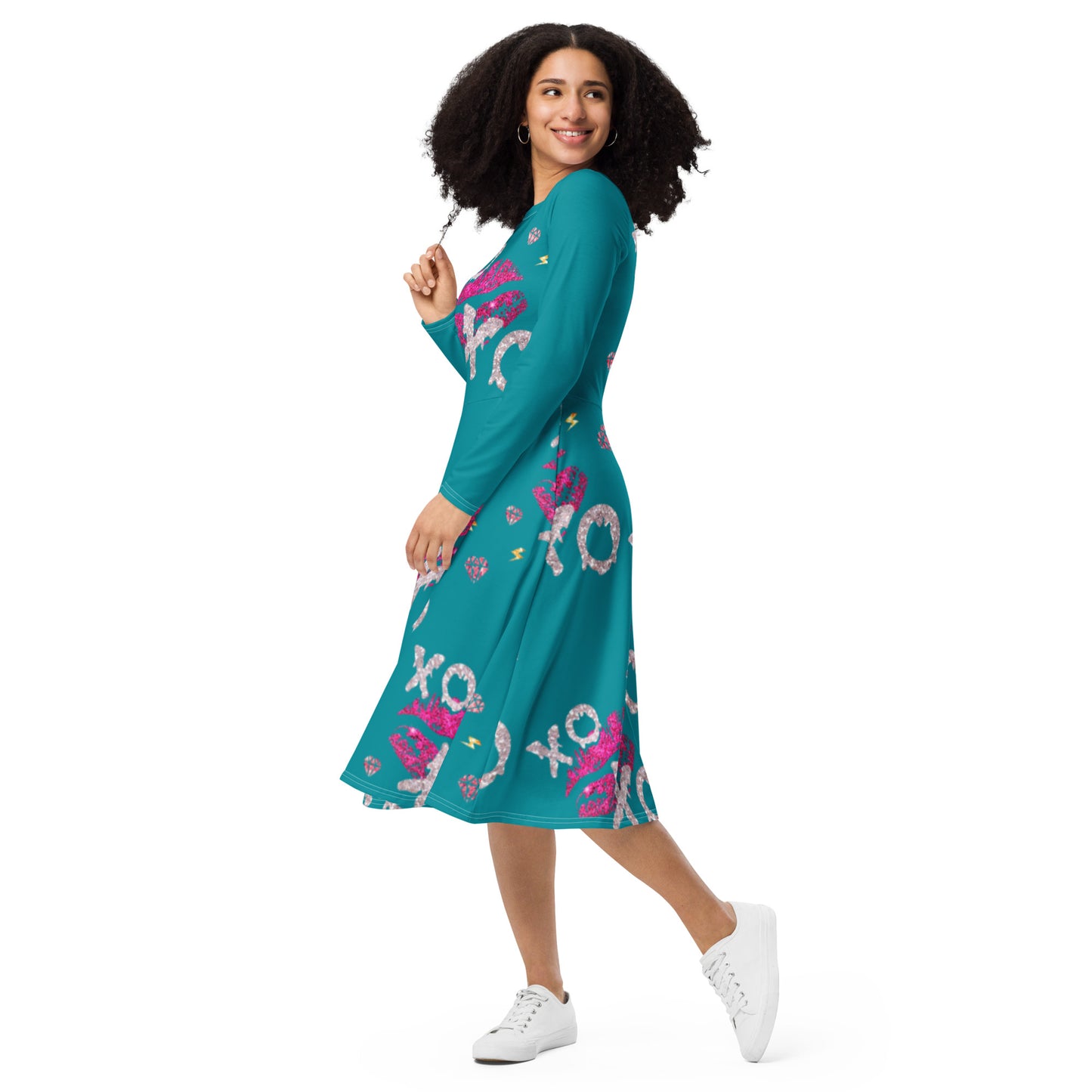 Royal print long sleeve midi dress 2