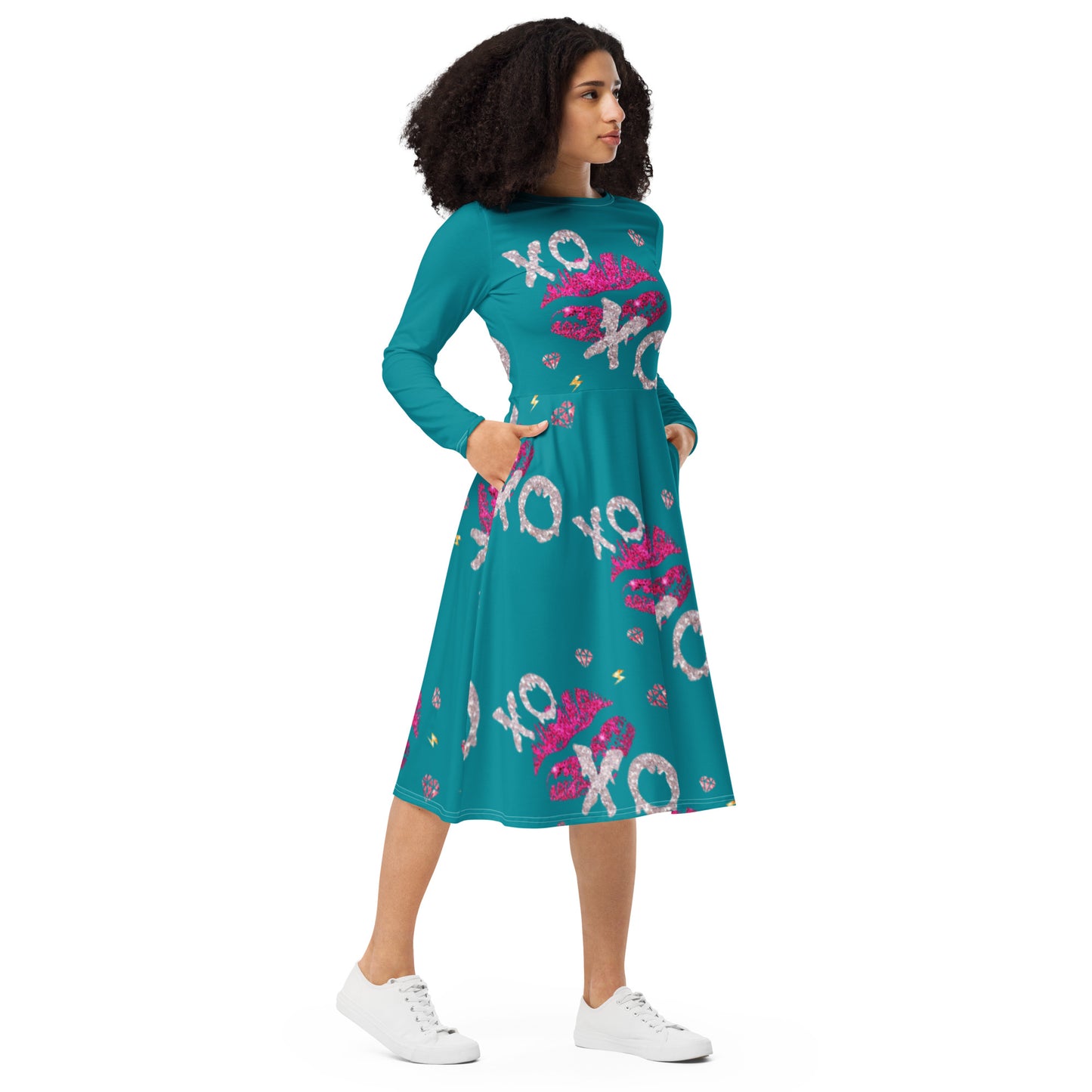 Royal print long sleeve midi dress 2