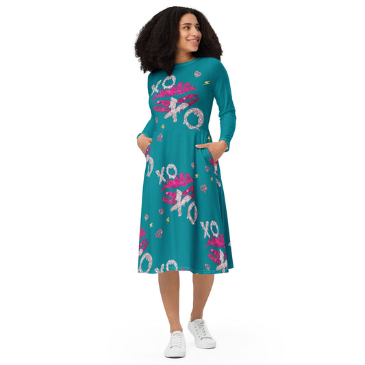 Royal print long sleeve midi dress 2