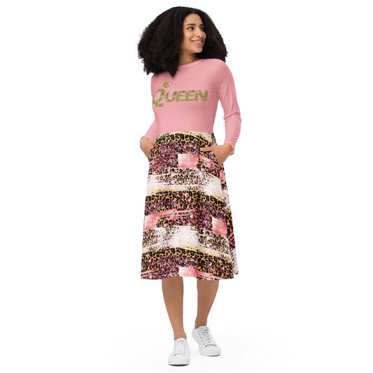 Royal print long sleeve midi dress 6