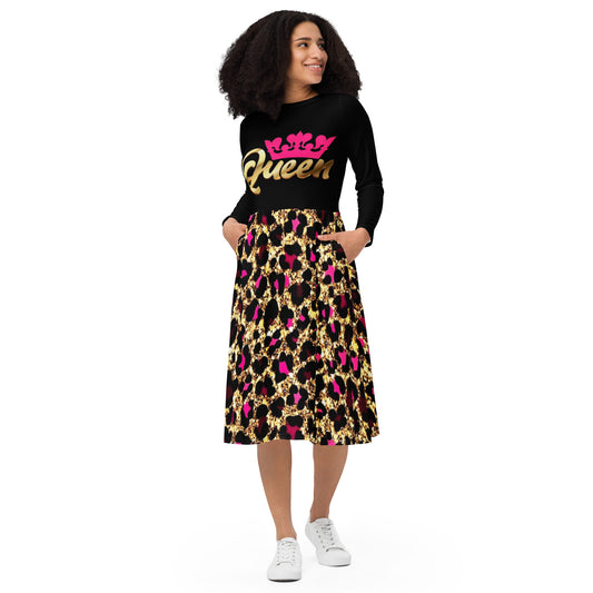 Royal print long sleeve midi dress 9