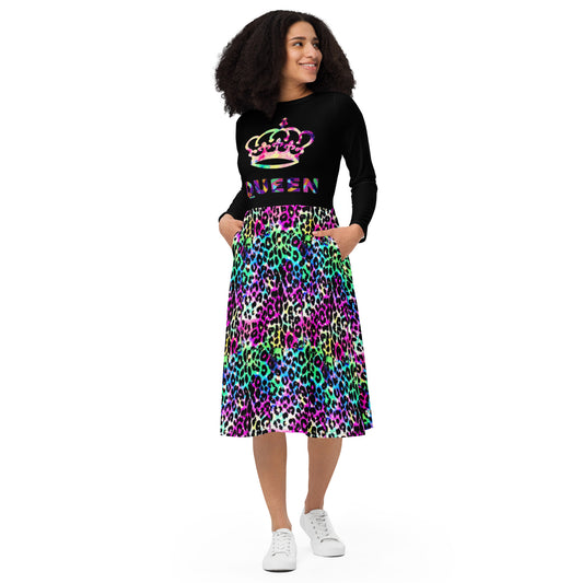 Royal print long sleeve midi dress 10