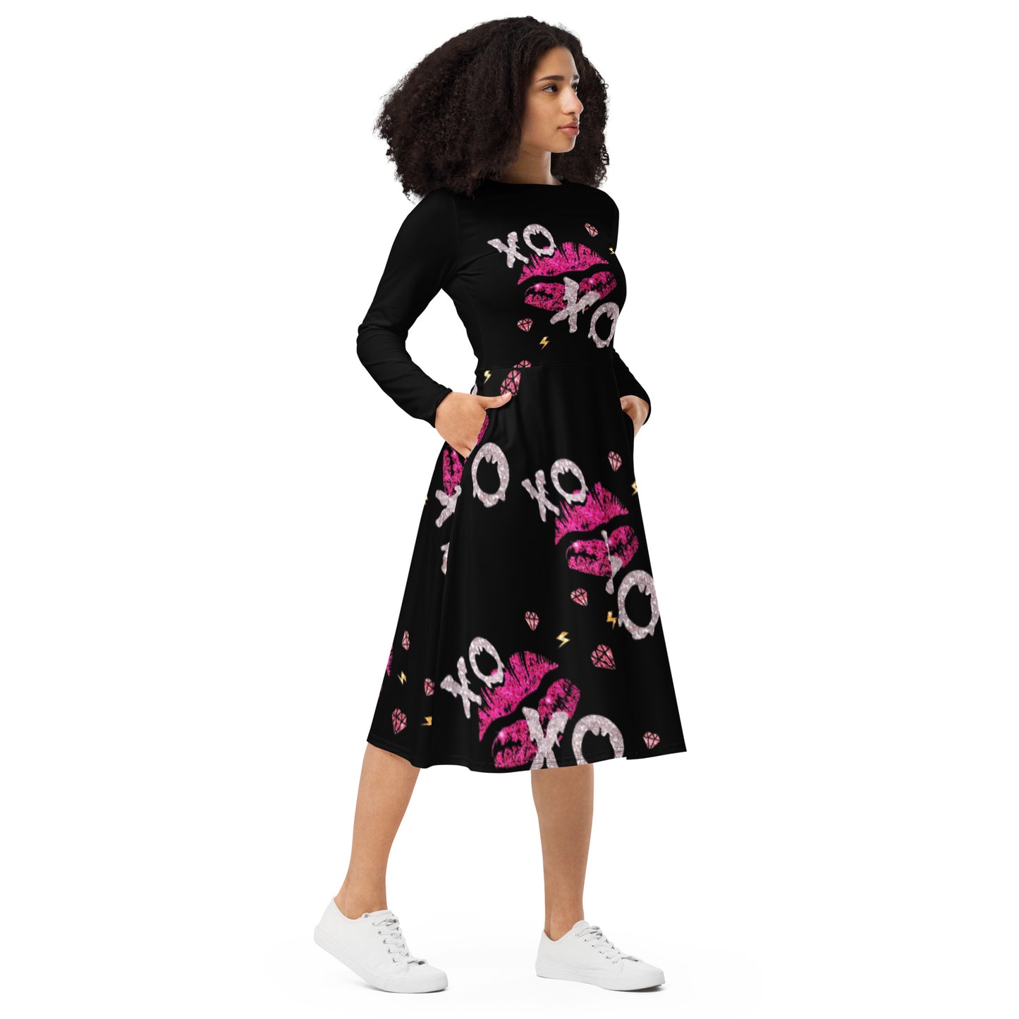 Royal print long sleeve midi dress 3